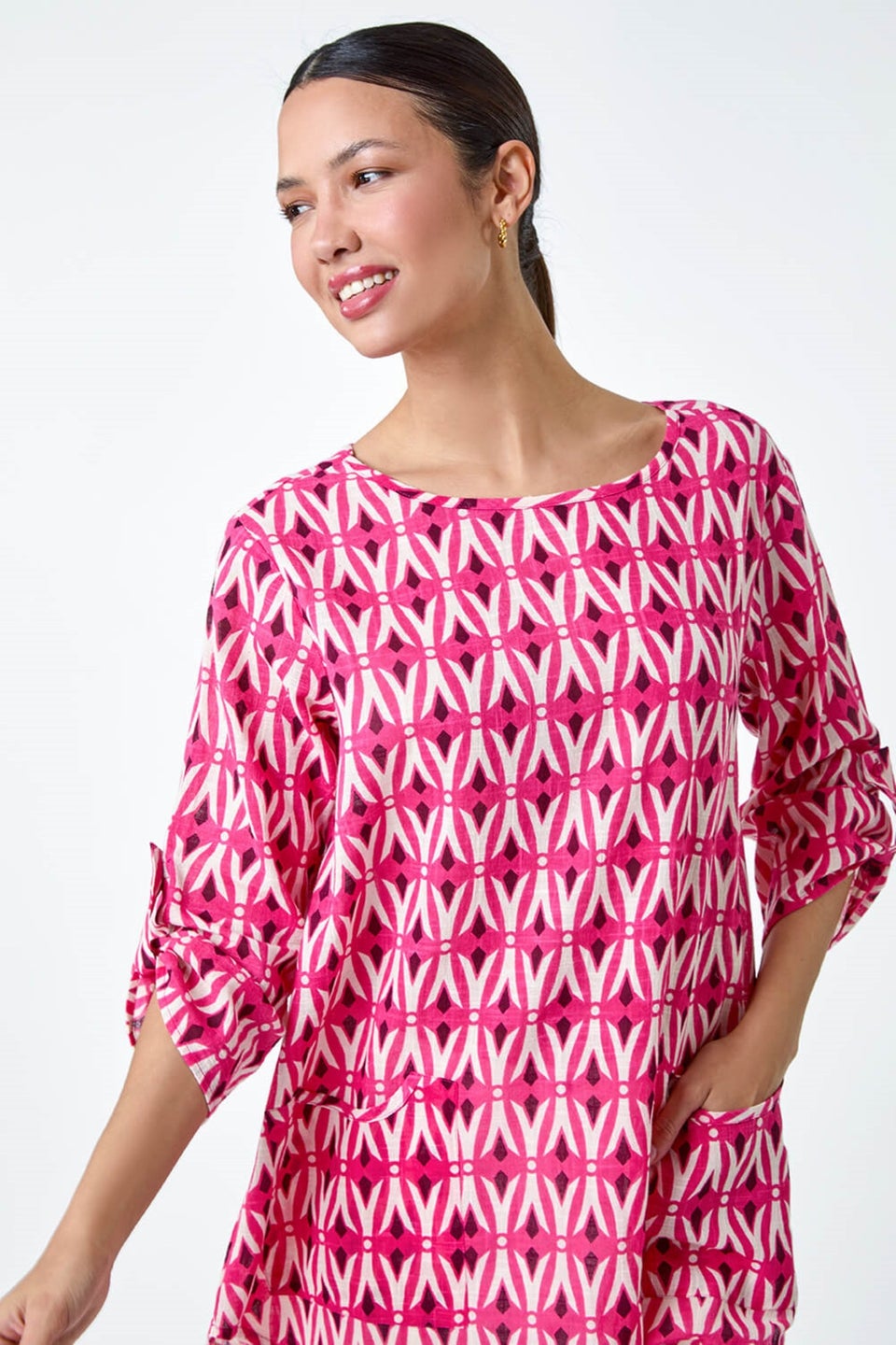 Roman Pink Cotton Geometric Pocket Longline Tunic Top