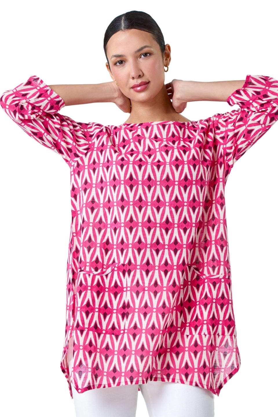 Roman Pink Cotton Geometric Pocket Longline Tunic Top