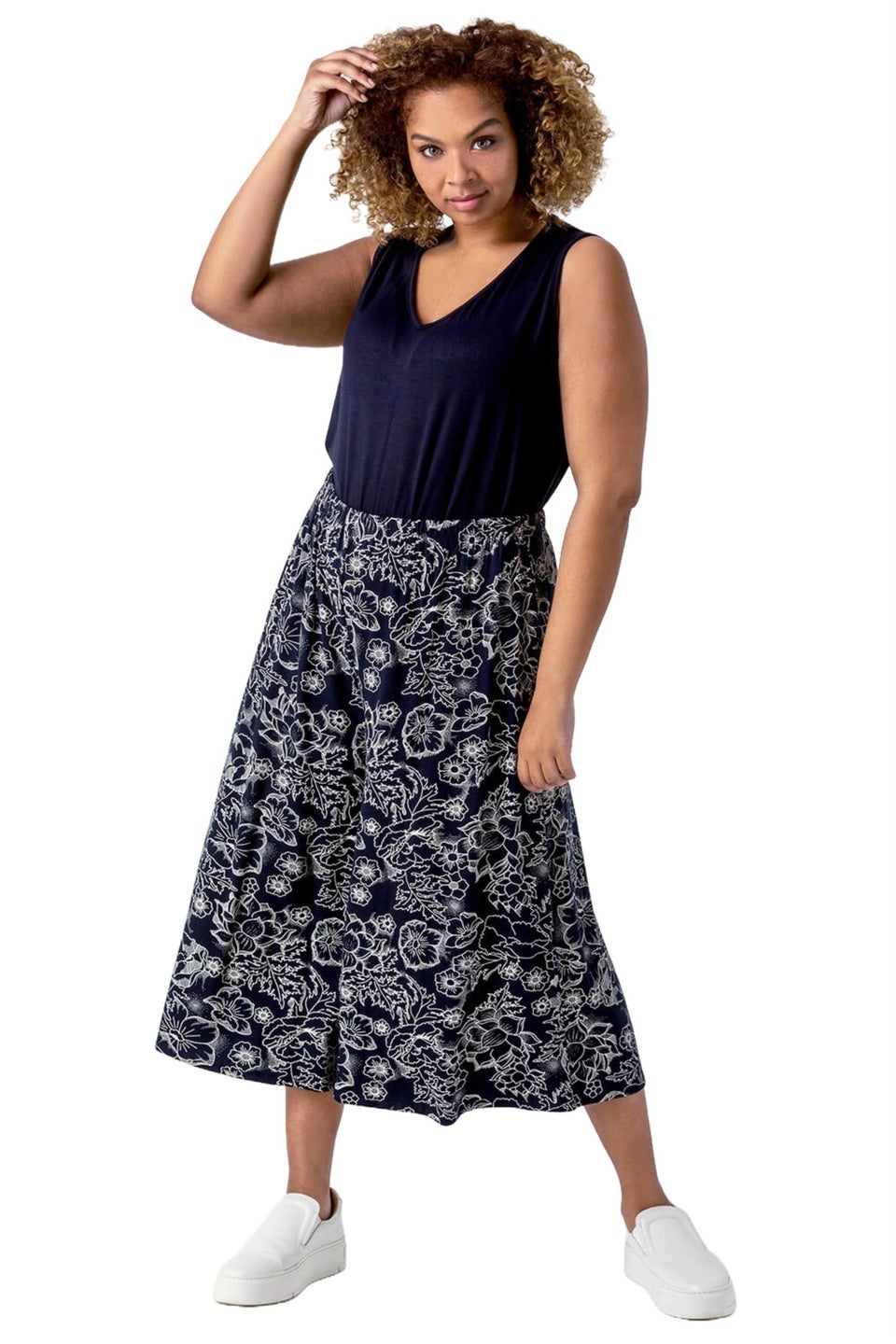 Roman Navy Curve Plain V-Neck Vest Top