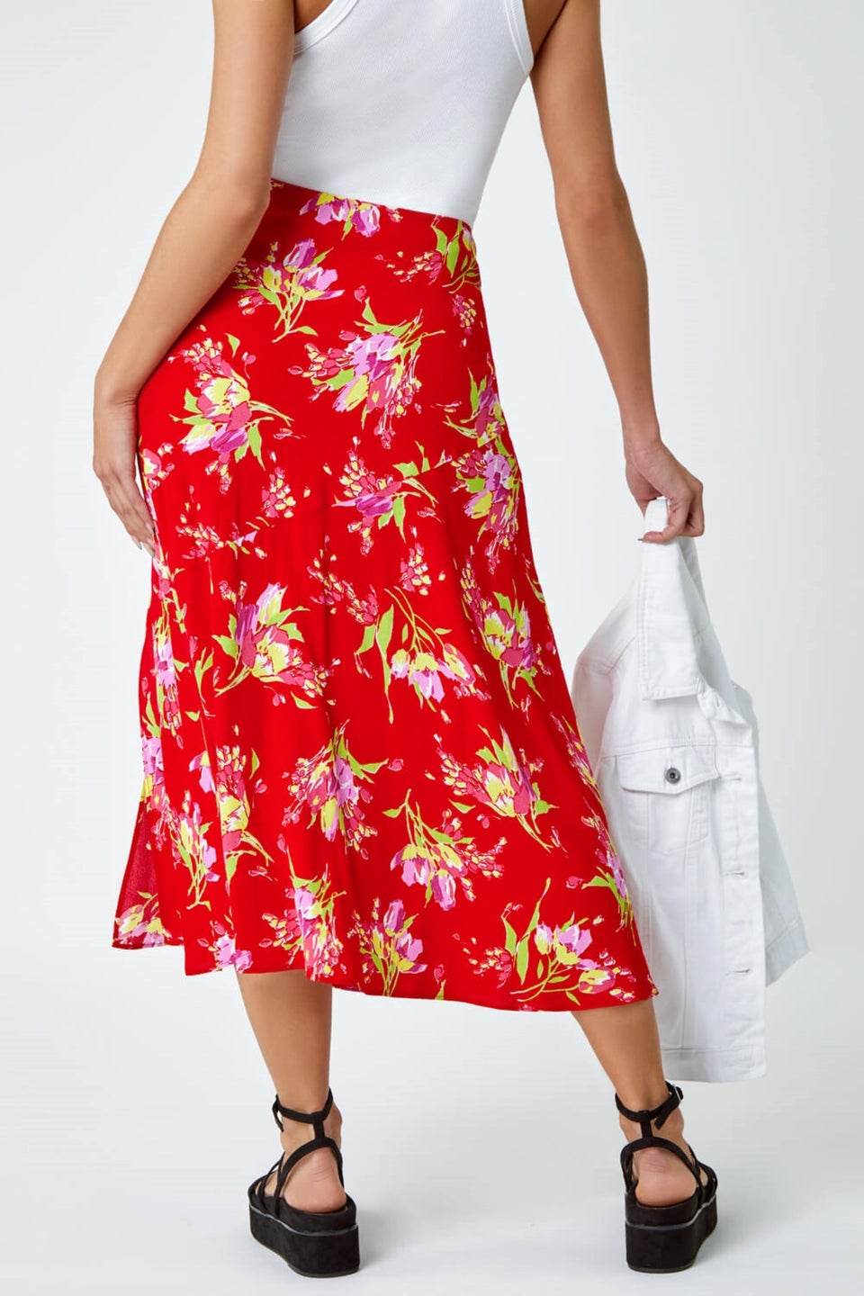 Dusk Red Dusk Floral Asymmetric Frill Midi Skirt