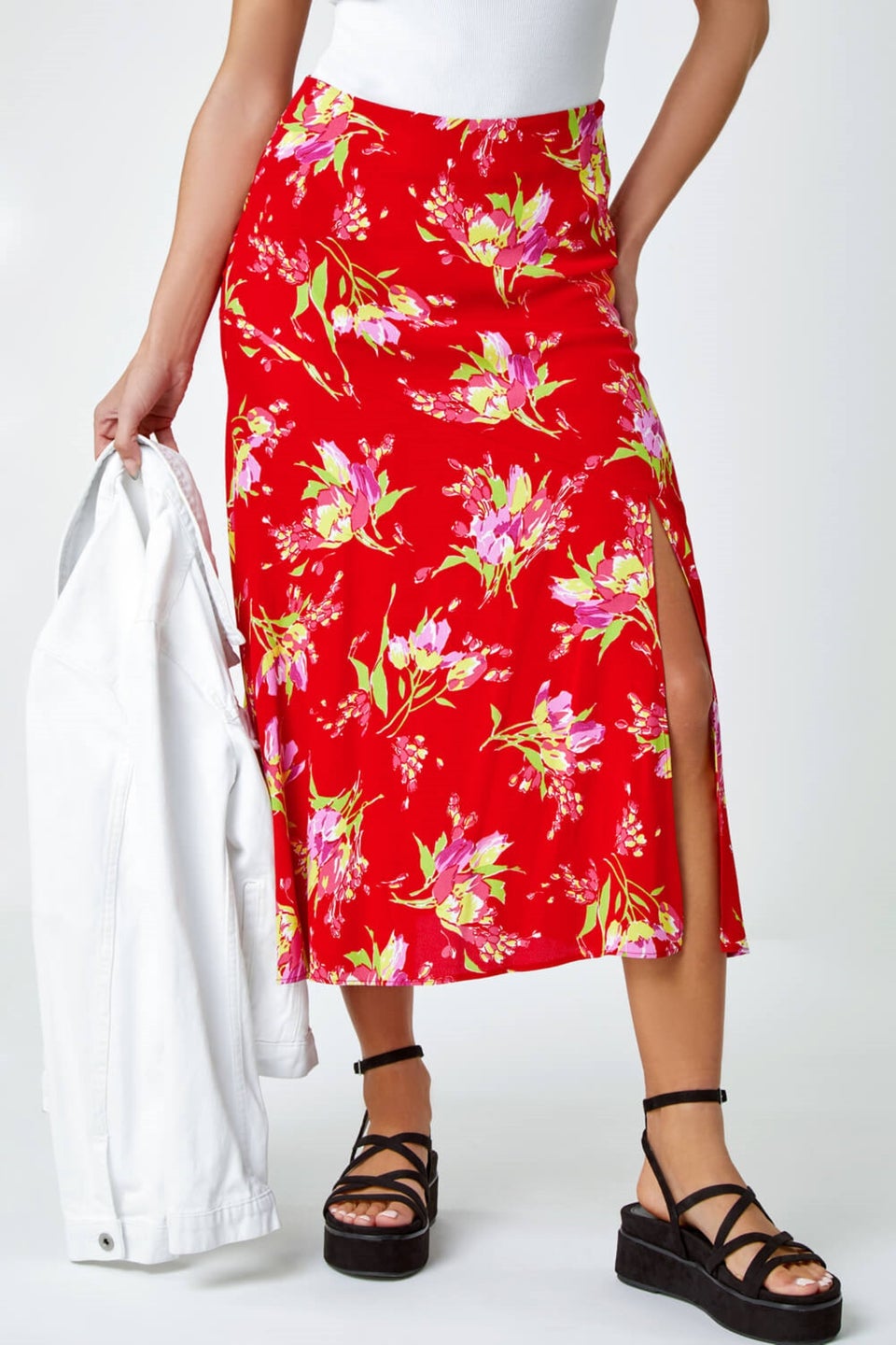 Dusk Red Dusk Floral Asymmetric Frill Midi Skirt