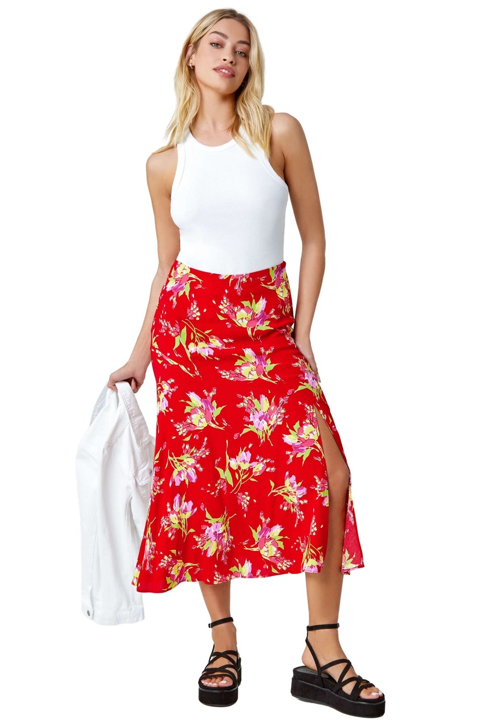 Dusk Red Dusk Floral Asymmetric Frill Midi Skirt