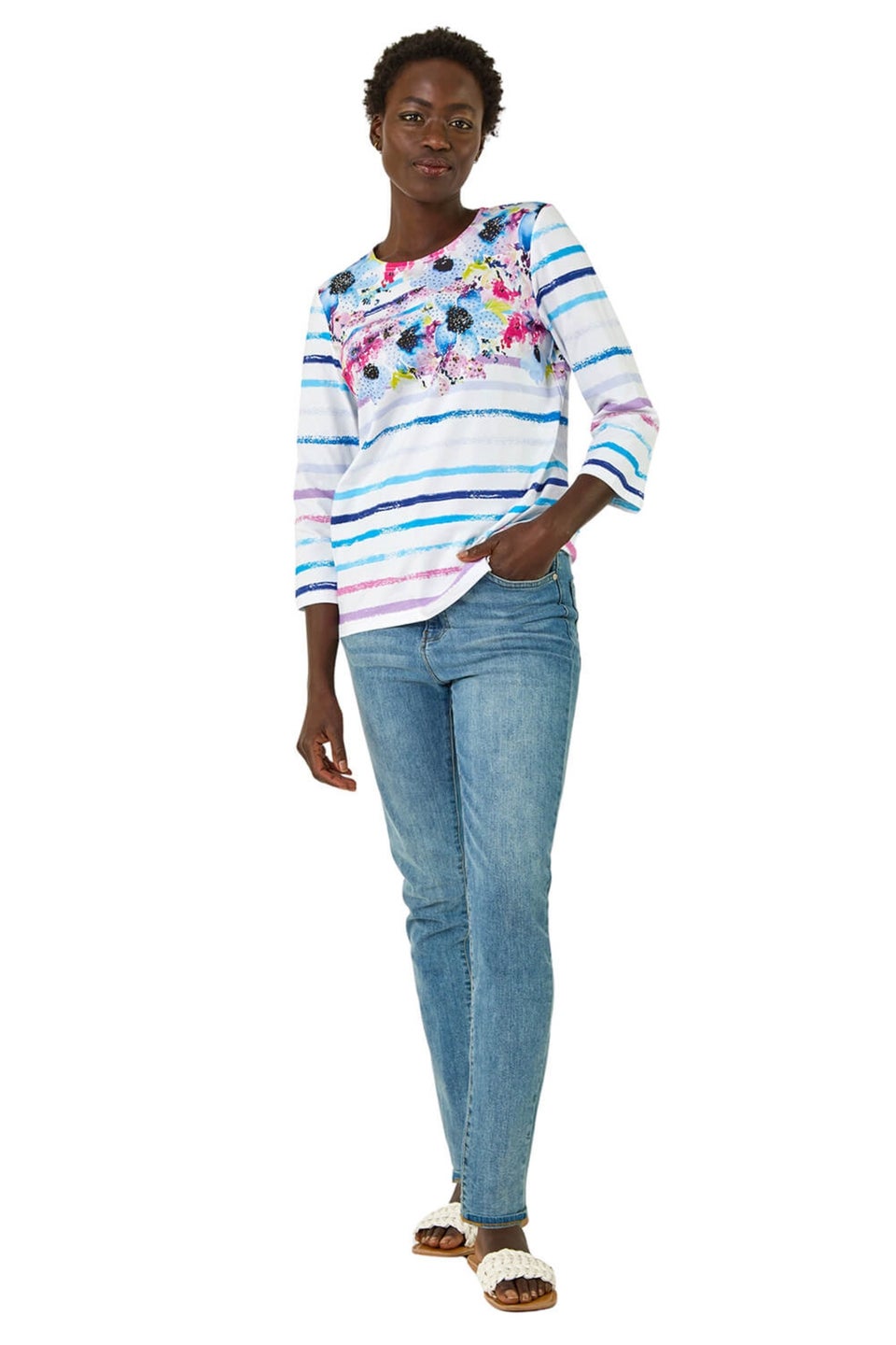 Roman Blue Floral Stripe Hotfix Top
