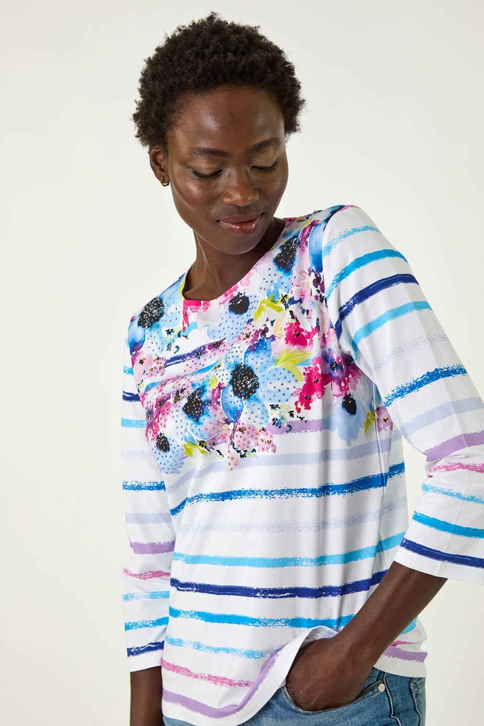 Roman Blue Floral Stripe Hotfix Top
