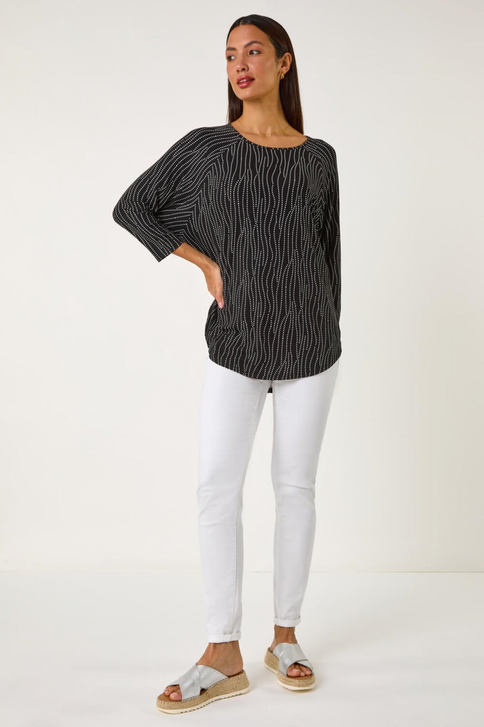 Roman Black Swirl Spot Print Stretch Top