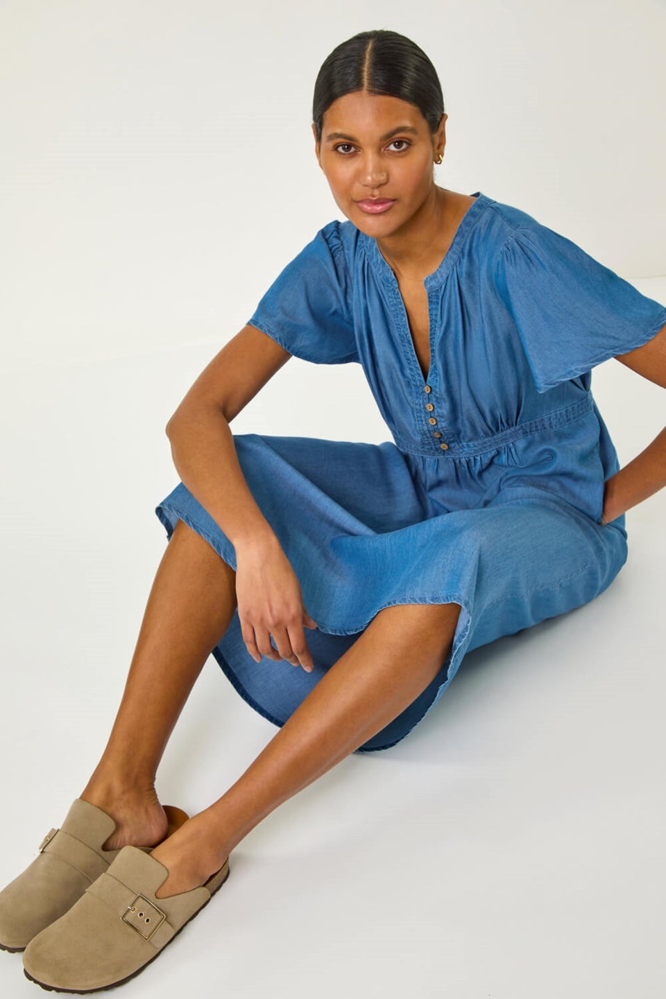 Roman Denim V-Neck Midi Dress