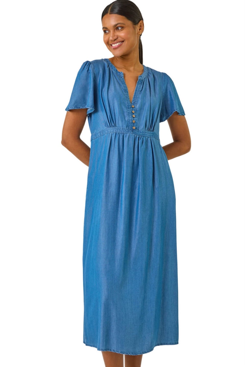 Roman Denim V-Neck Midi Dress