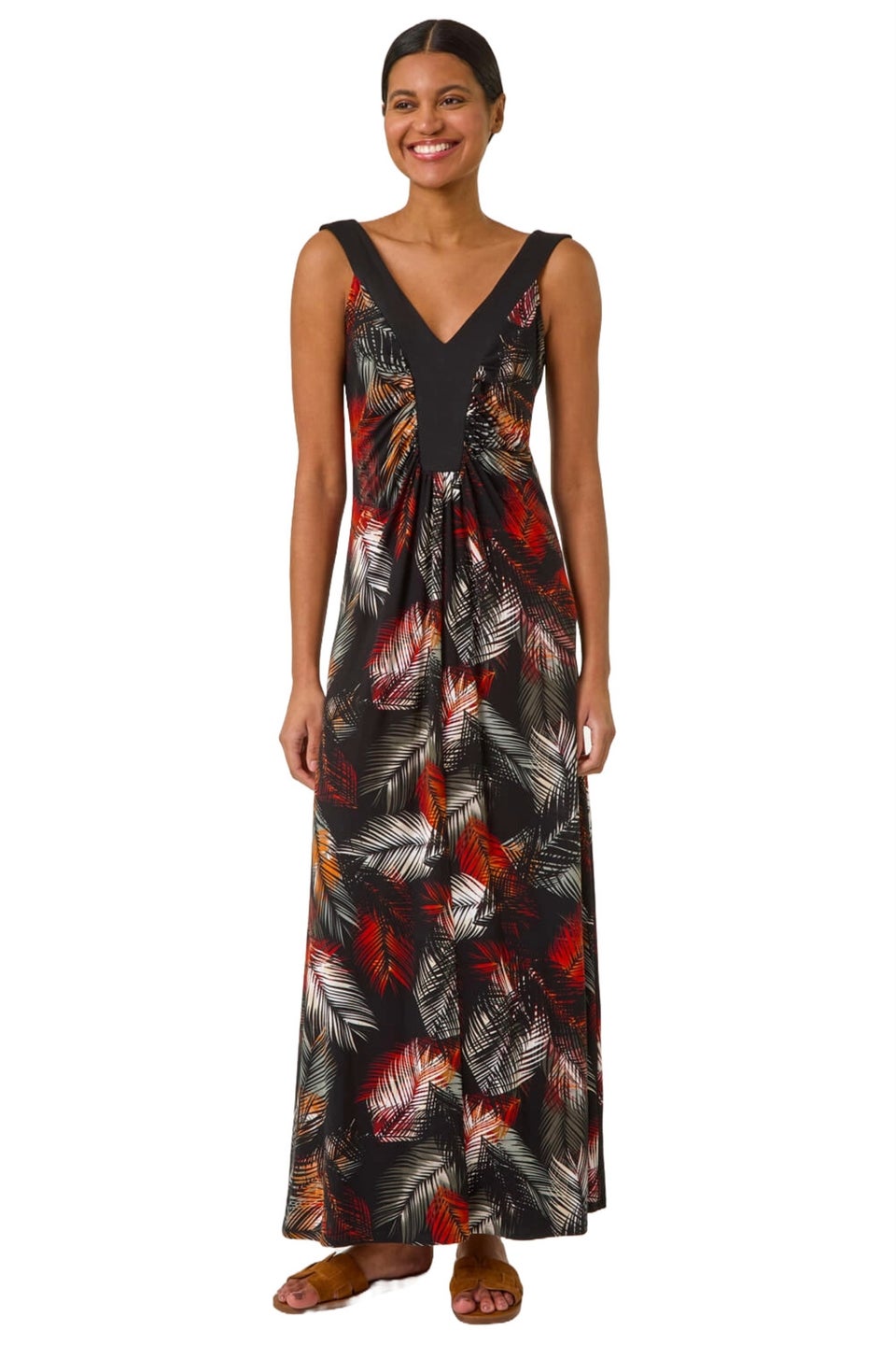 Roman Rust Palm Print Contrast Band Maxi Dress