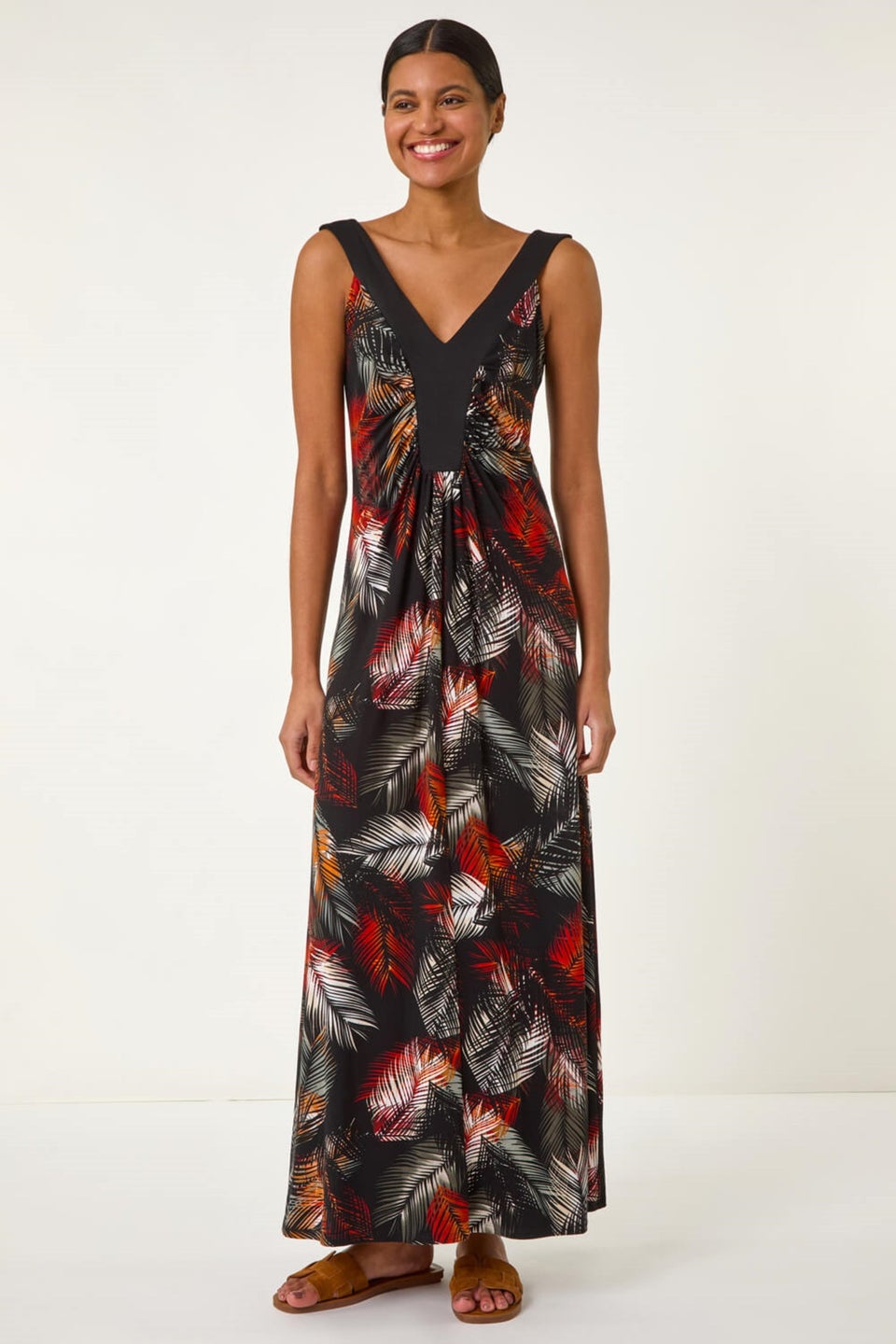 Roman Rust Palm Print Contrast Band Maxi Dress