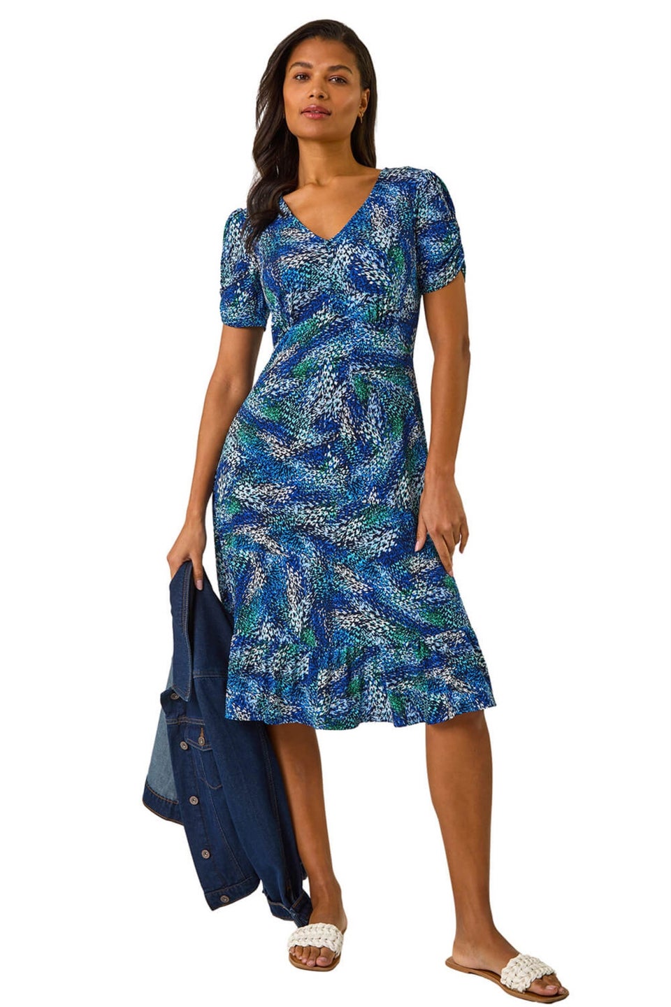 Roman Navy Stretch Abstract Buttoned Tea Dress