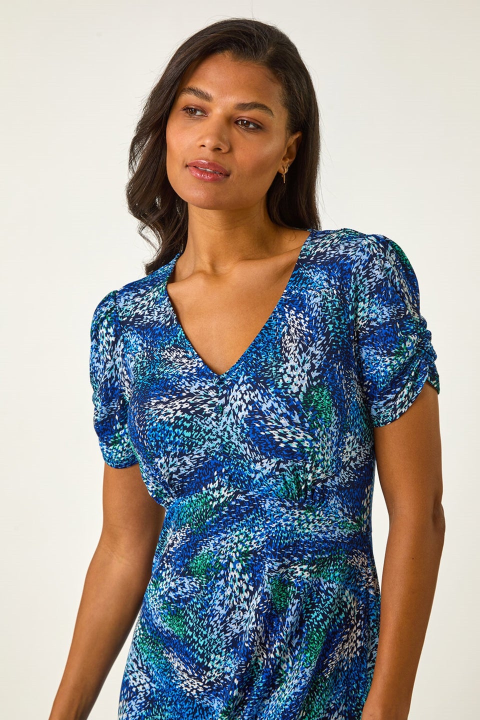 Roman Navy Stretch Abstract Buttoned Tea Dress