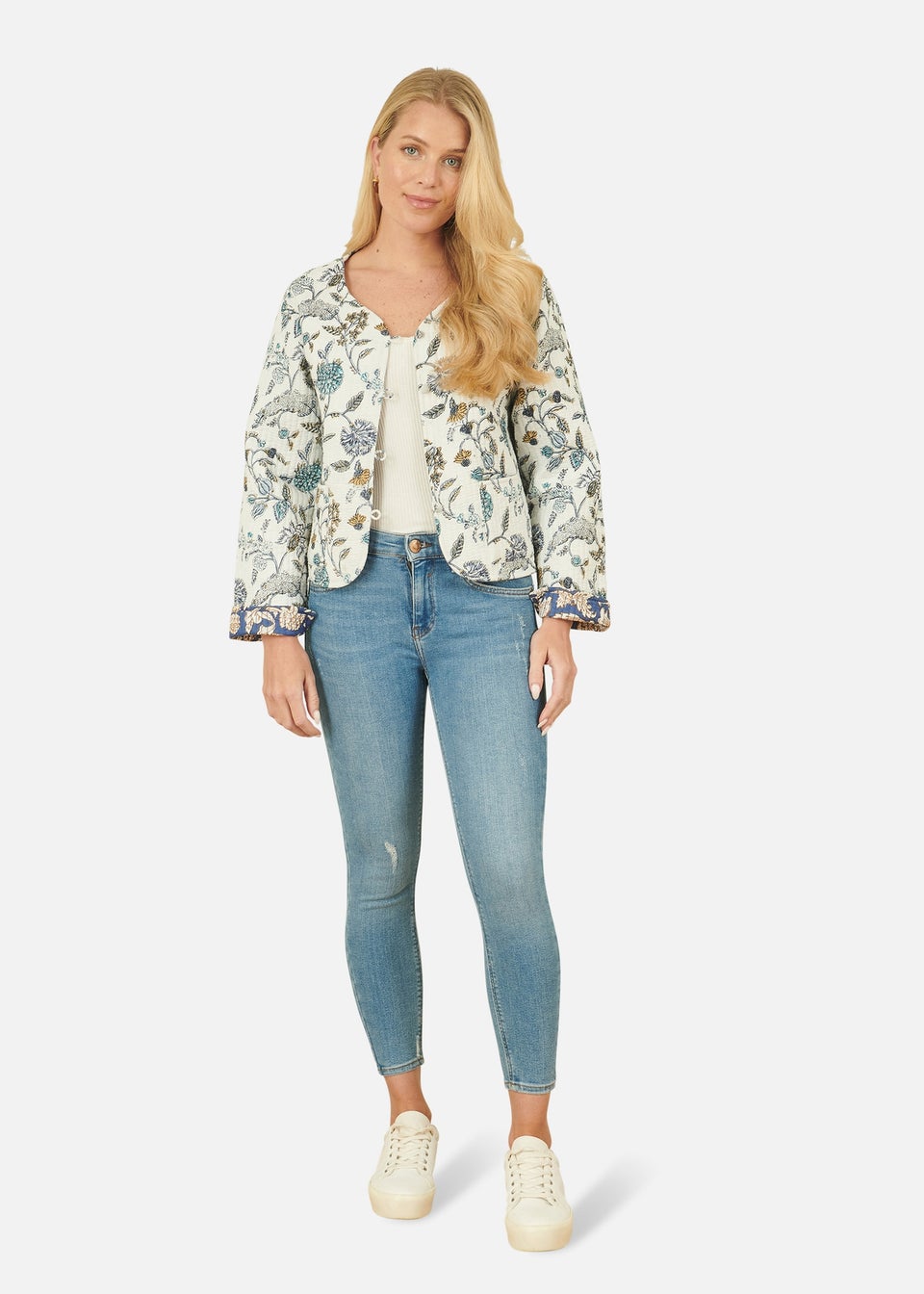 Yumi White Floral Reversible Cotton Quilted Jacket