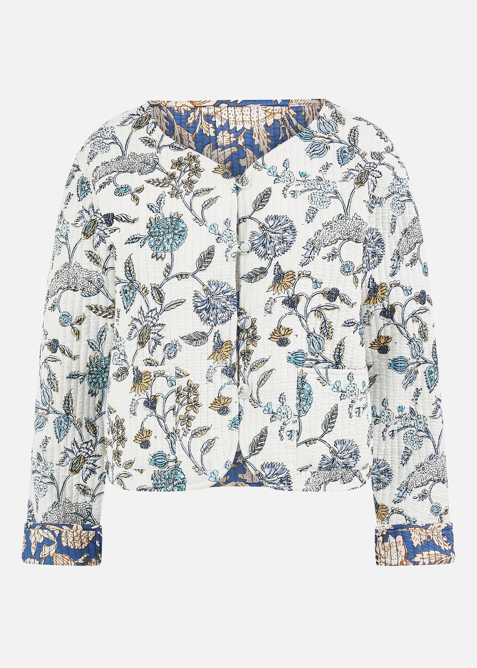 Yumi White Floral Reversible Cotton Quilted Jacket