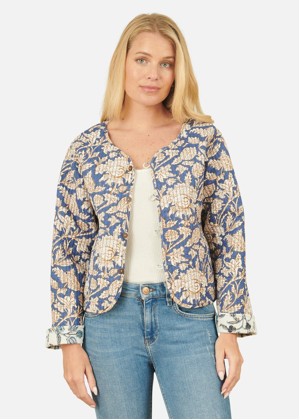 Yumi White Floral Reversible Cotton Quilted Jacket