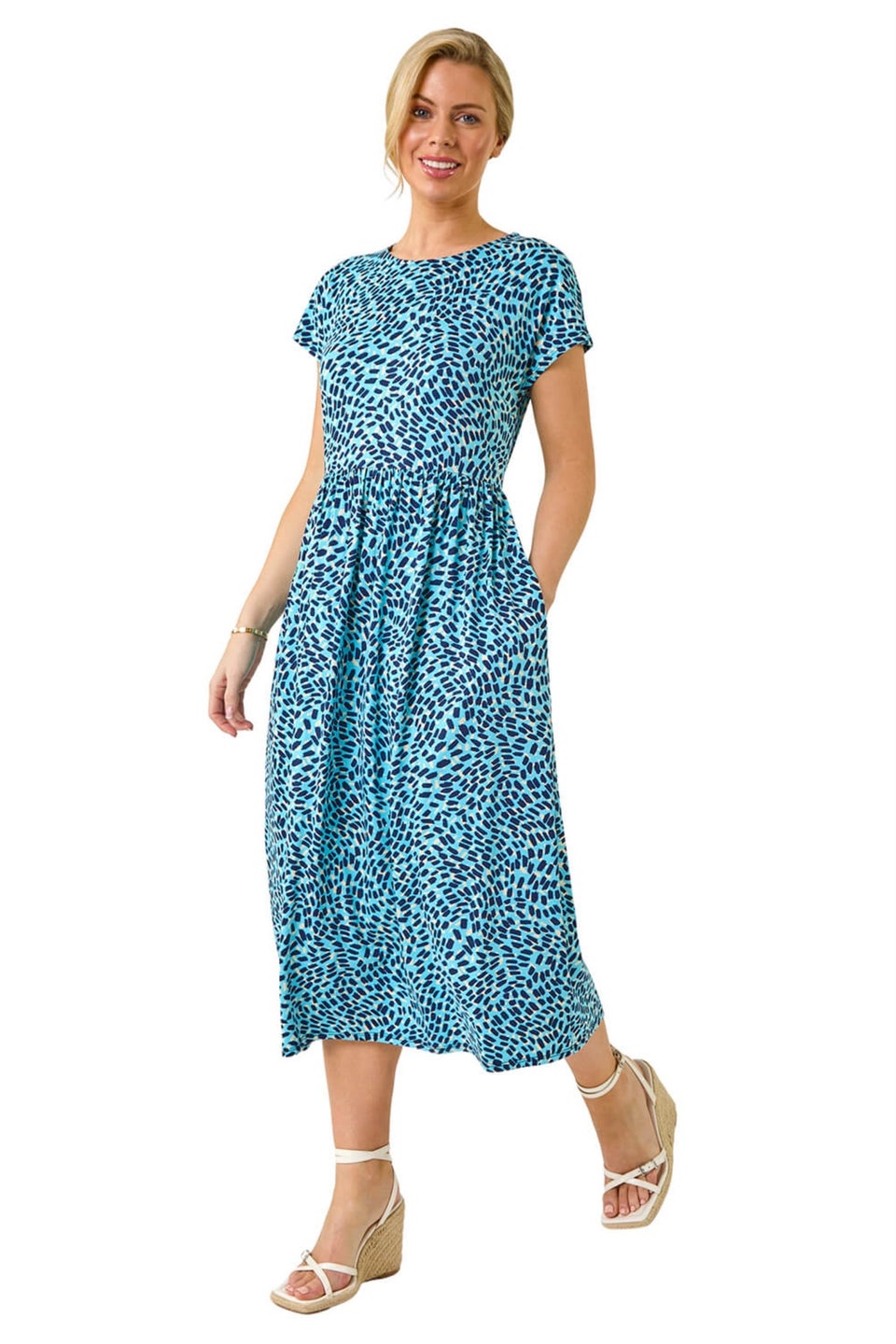 Roman Blue Petite Abstract Print Stretch Midi Dress