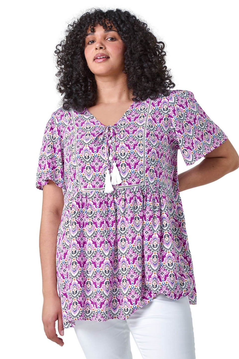 Roman Purple Curve Tie Front V-Neck Boho Printed Top
