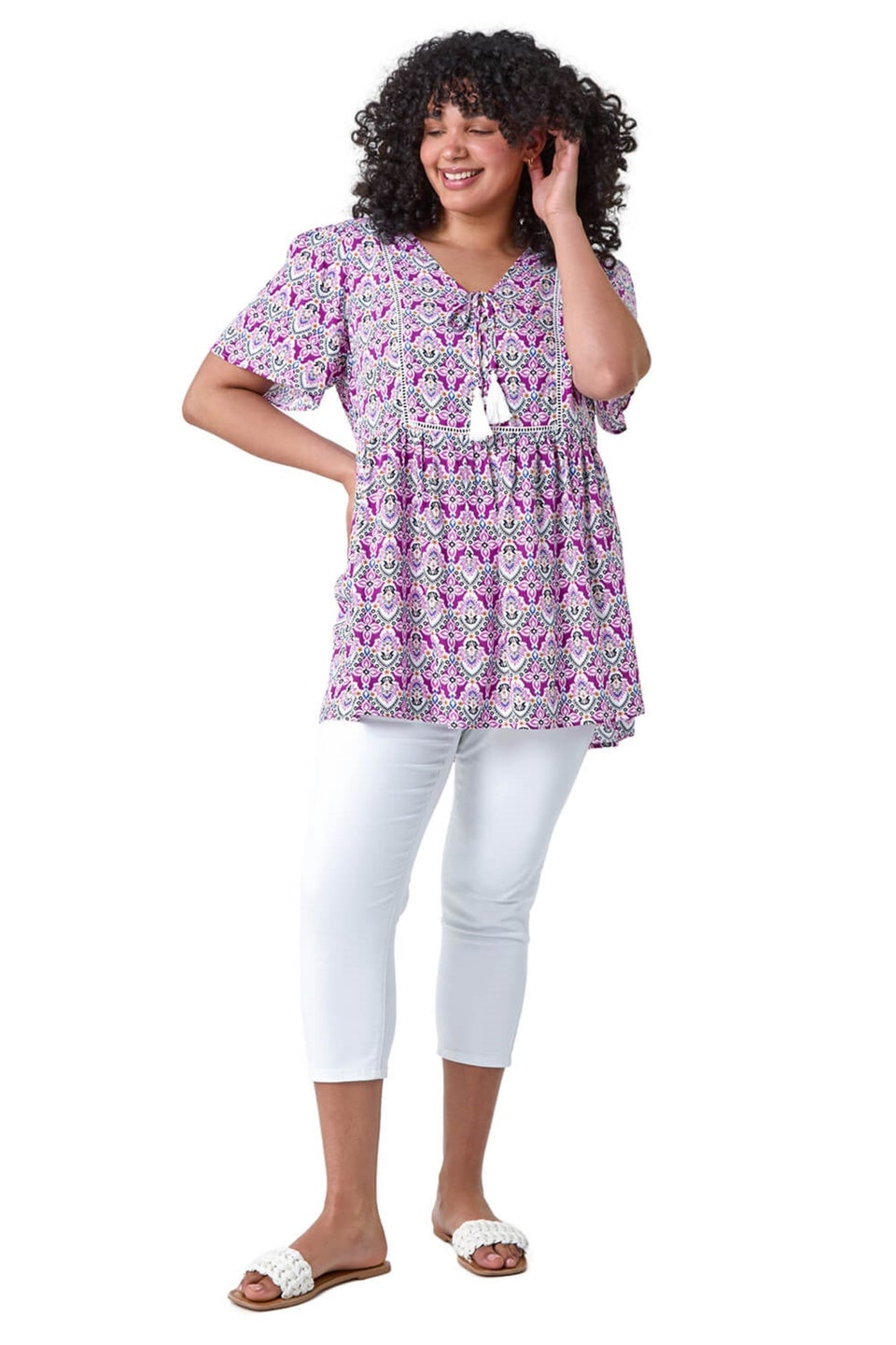 Roman Purple Curve Tie Front V-Neck Boho Printed Top