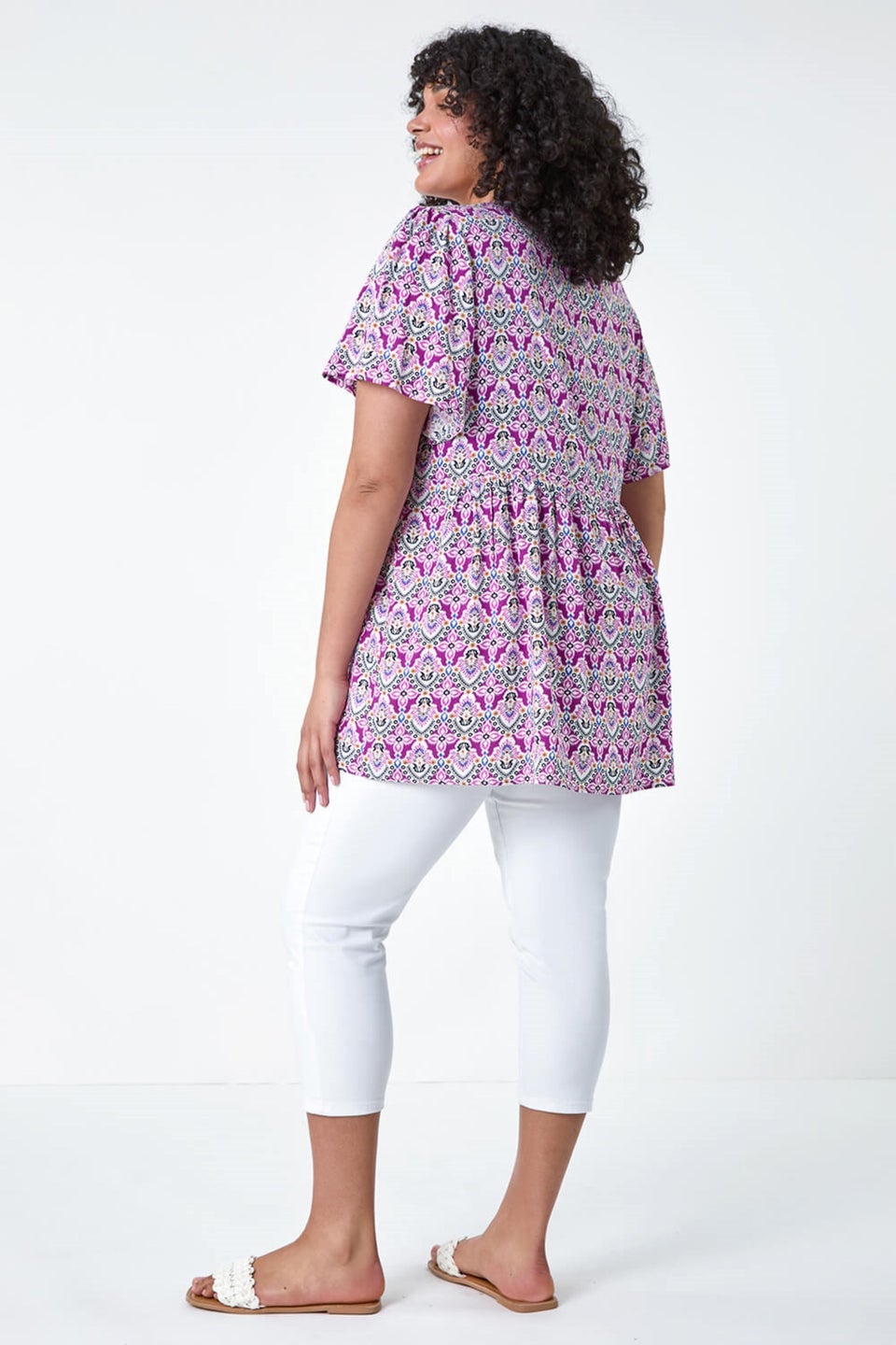 Roman Purple Curve Tie Front V-Neck Boho Printed Top