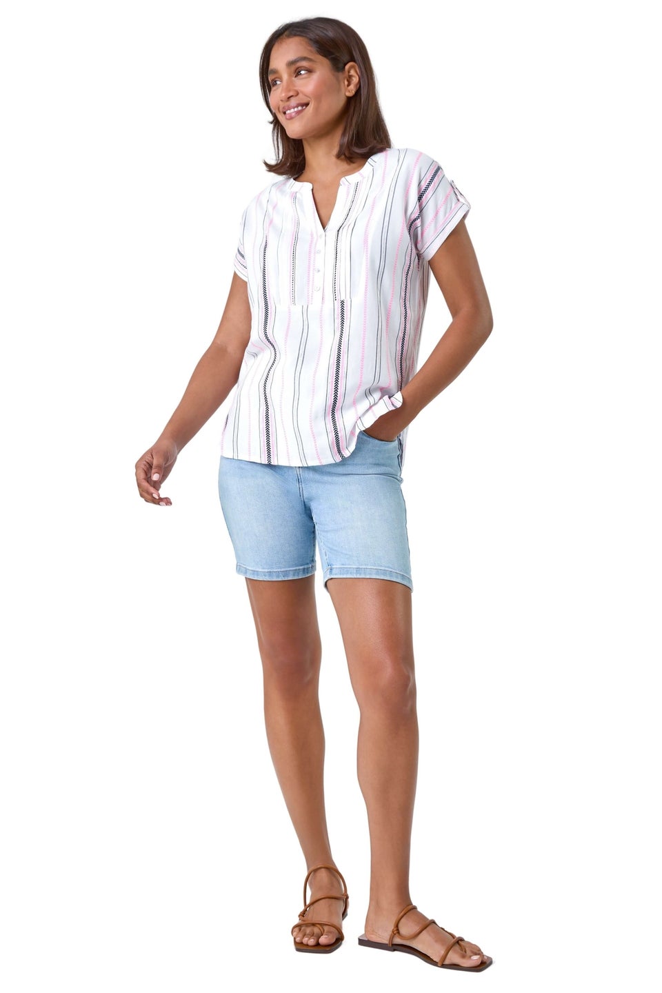 Roman Pink Stripe Print Button Detail V-Neck Top