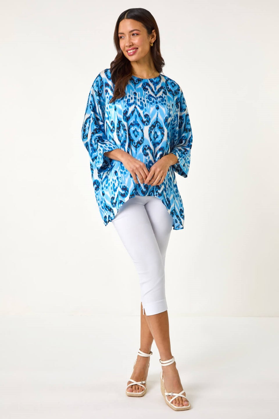 Roman Blue Ikat Print Tunic Top