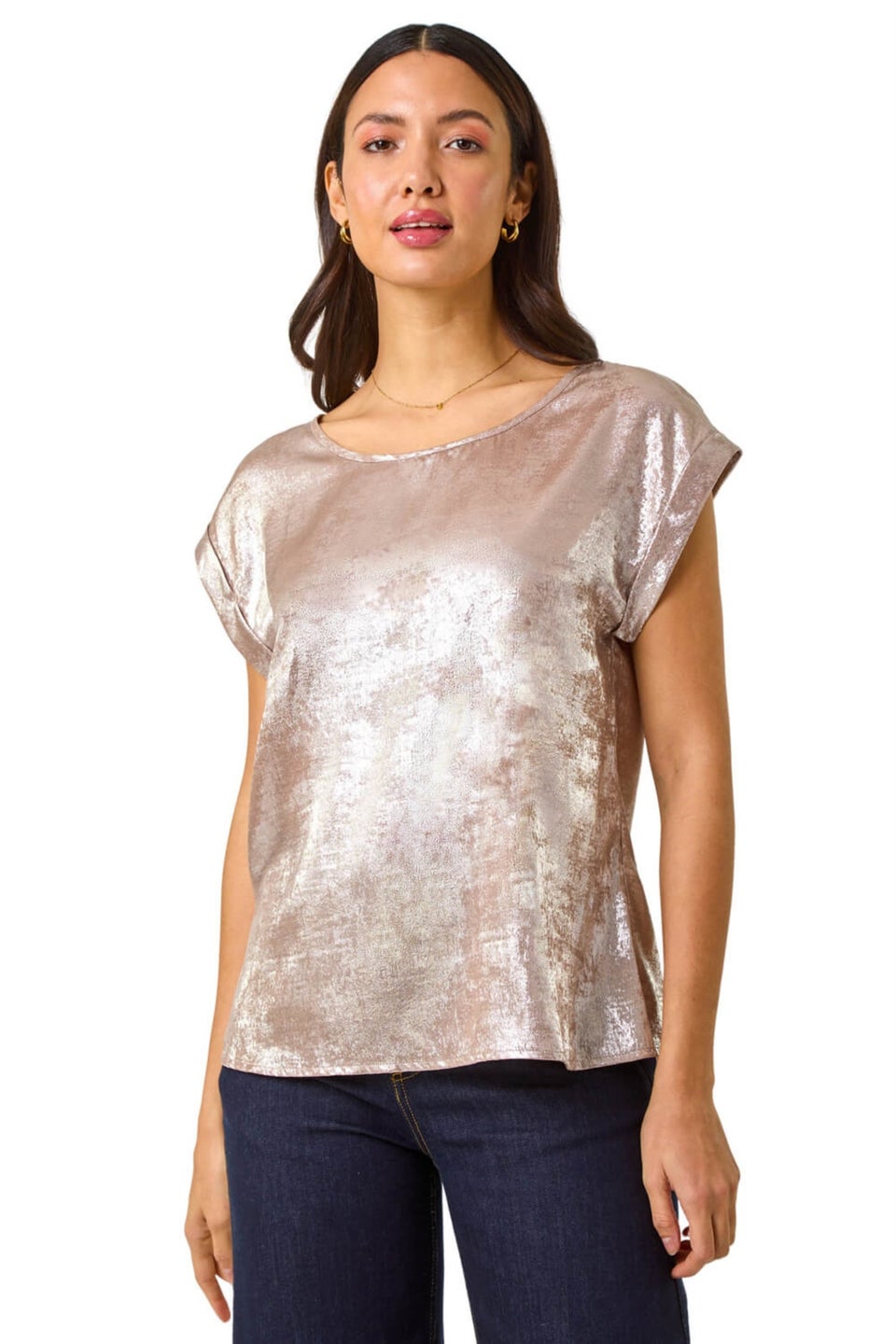 Roman Rose Metallic Print Shell Top