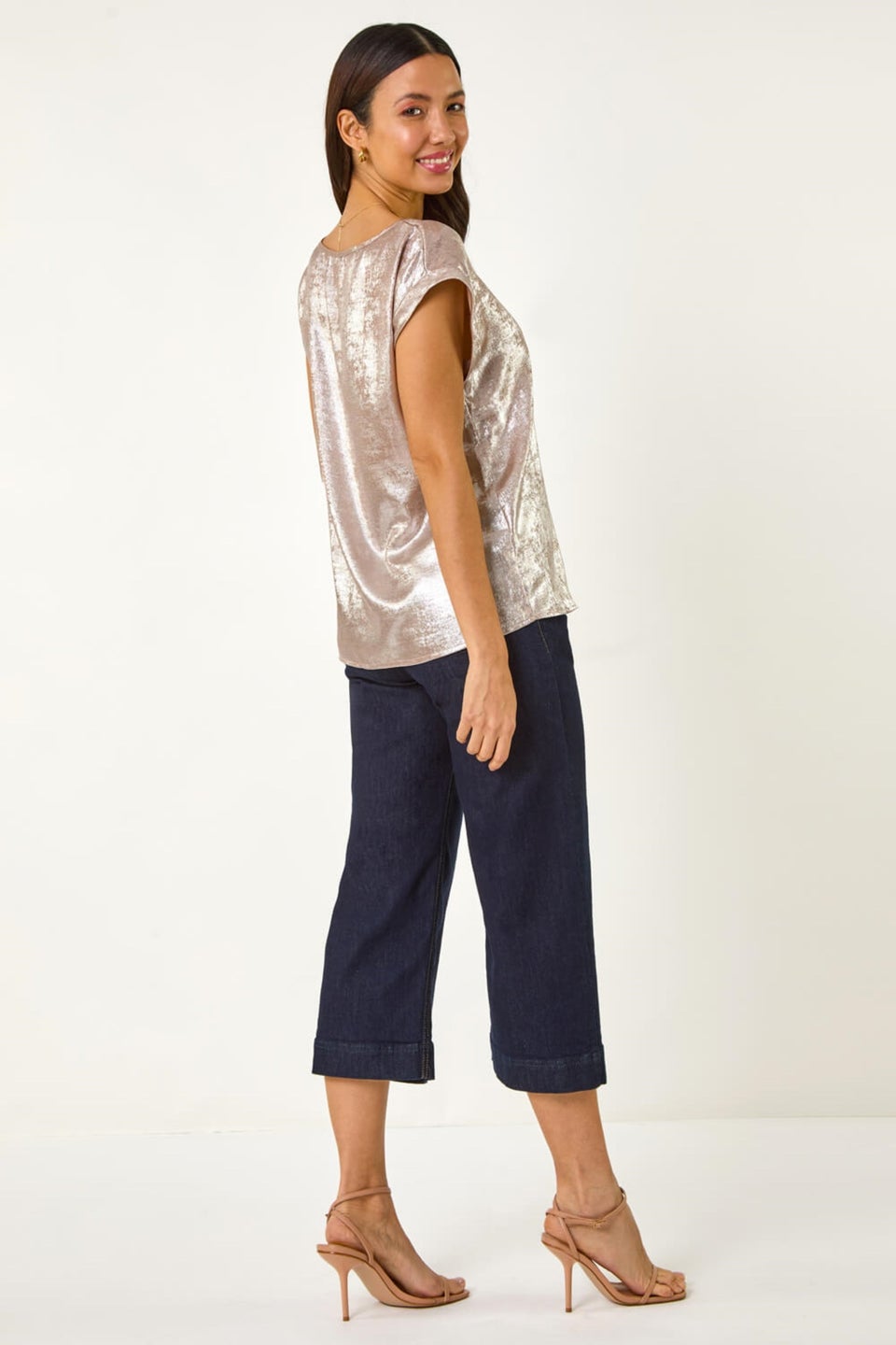 Roman Rose Metallic Print Shell Top
