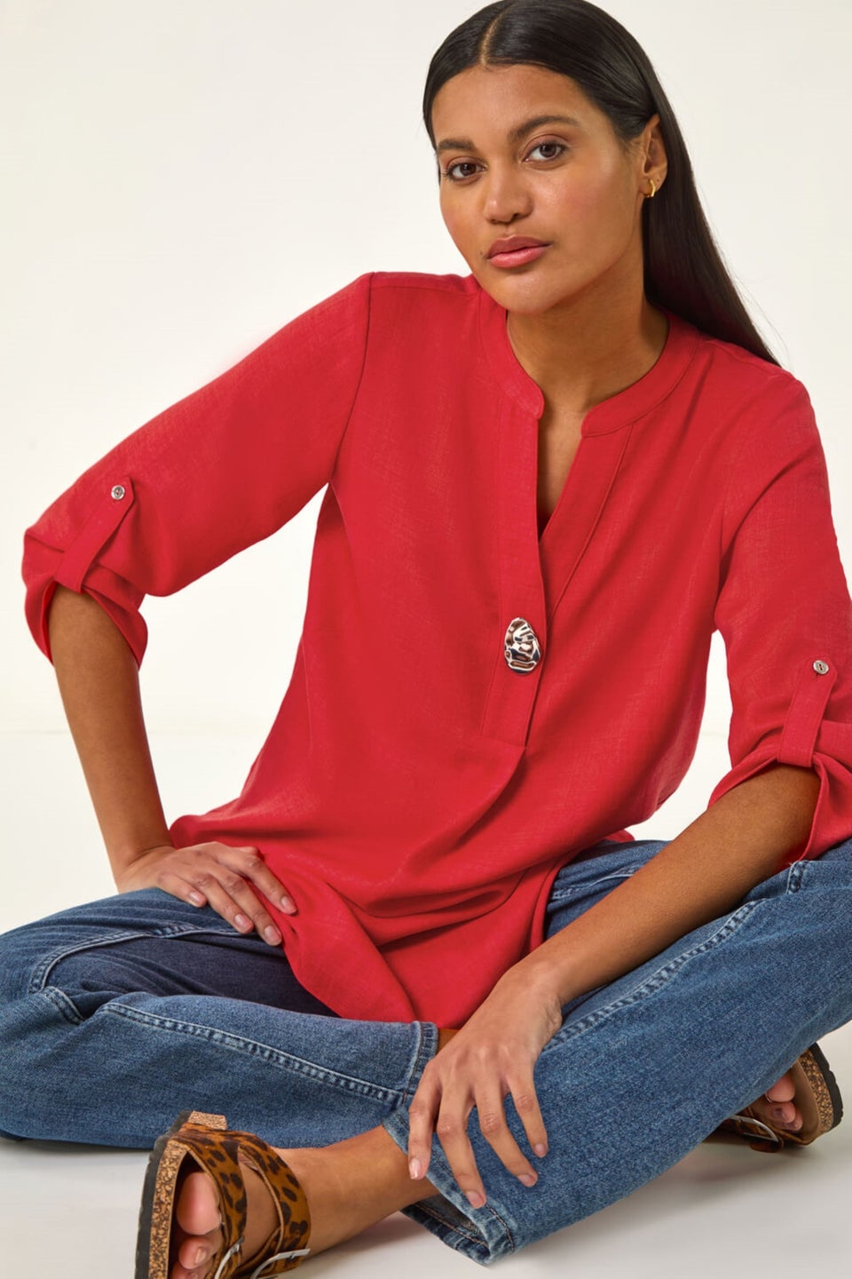 Roman Coral Button Detail Longline Blouse