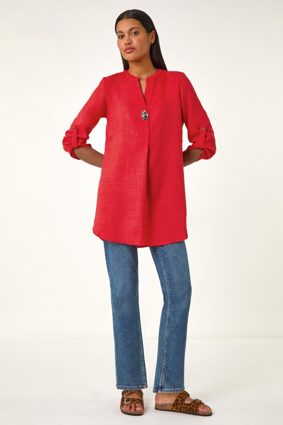 Roman Coral Button Detail Longline Blouse