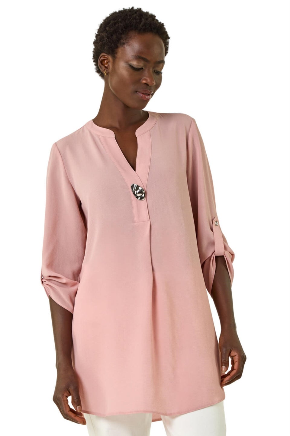 Roman Light Pink Button Detail Longline Blouse