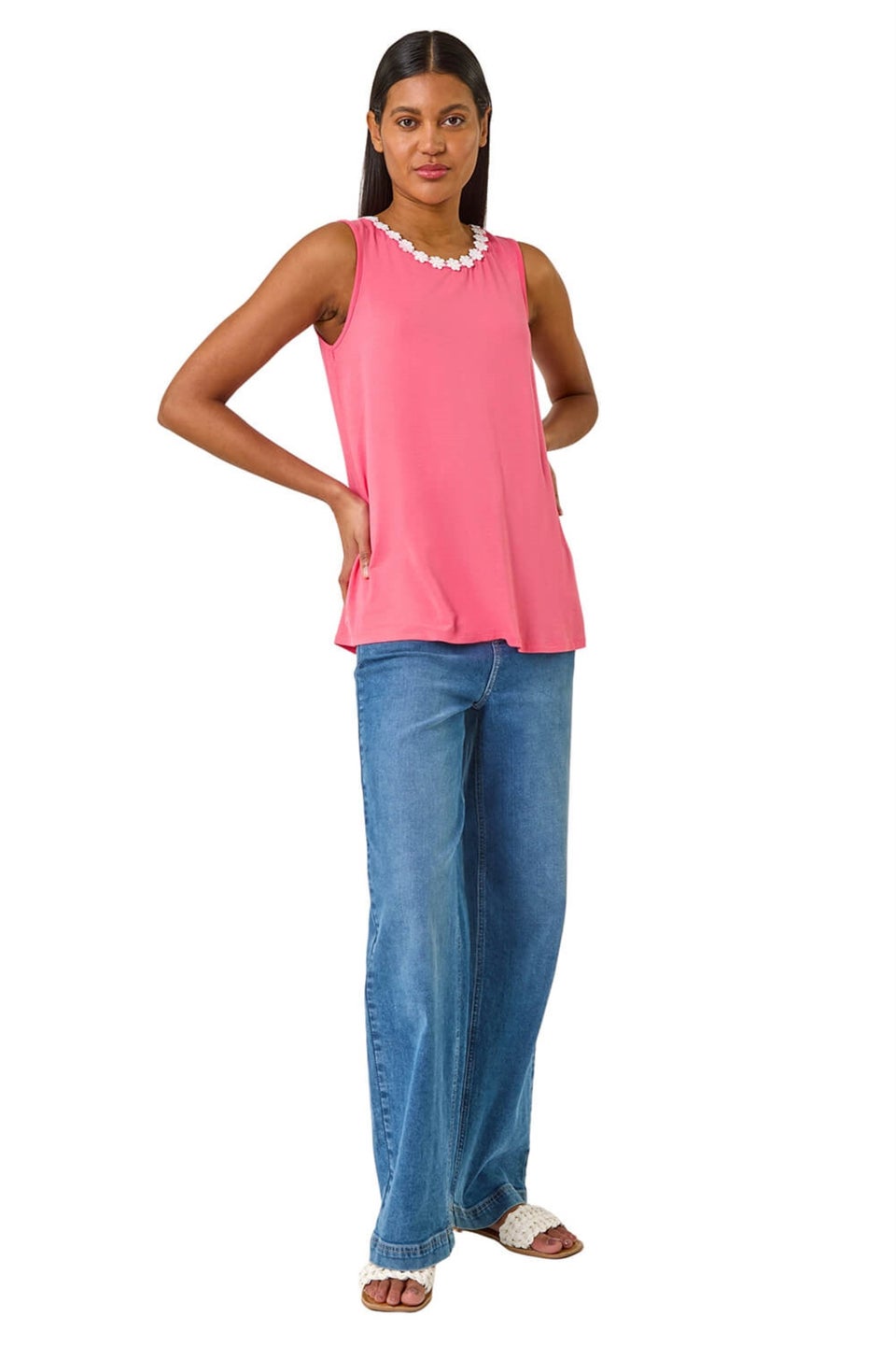 Roman Pink Daisy Neck Trim Vest Top