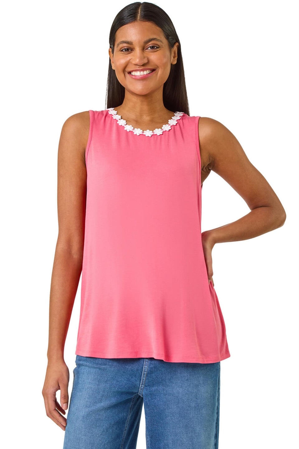 Roman Pink Daisy Neck Trim Vest Top