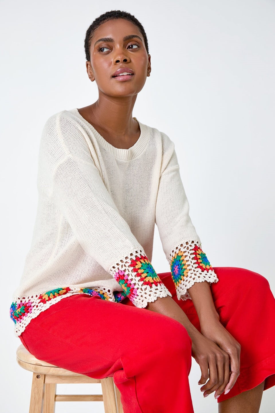Roman Ivory Floral Crochet Hem Cotton Jumper