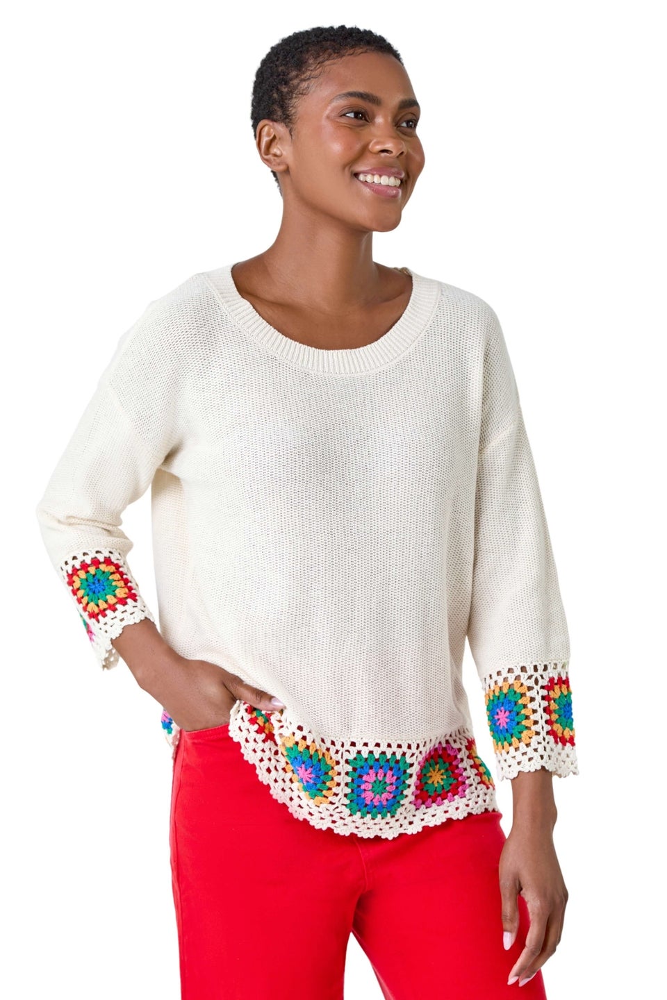 Roman Ivory Floral Crochet Hem Cotton Jumper