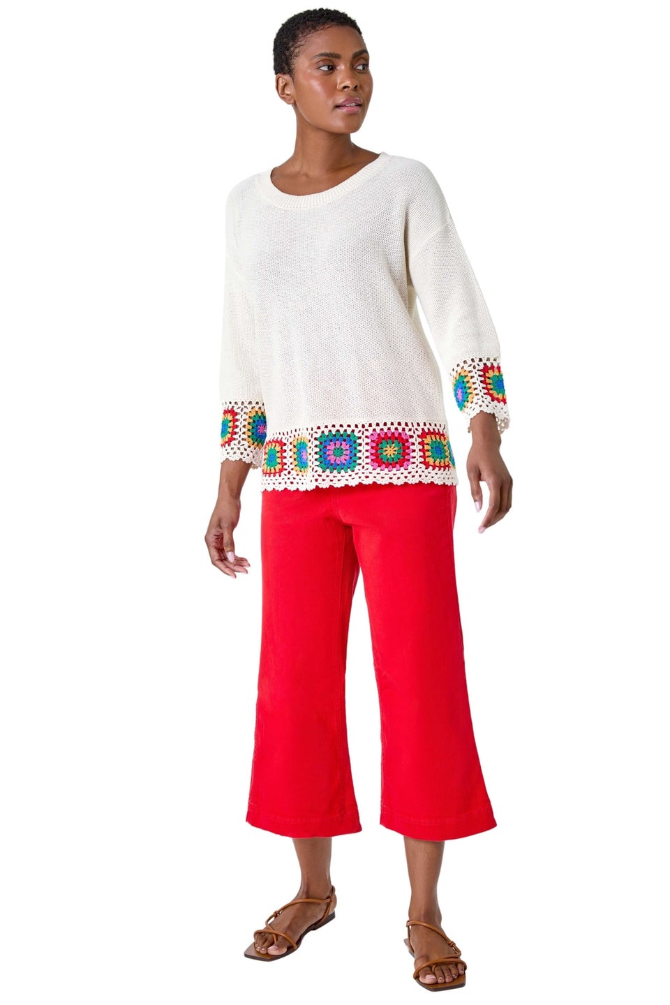 Roman Ivory Floral Crochet Hem Cotton Jumper