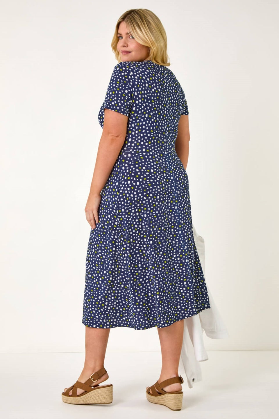 Roman Navy Curve Abstract Twist Front Stretch Midi Dress