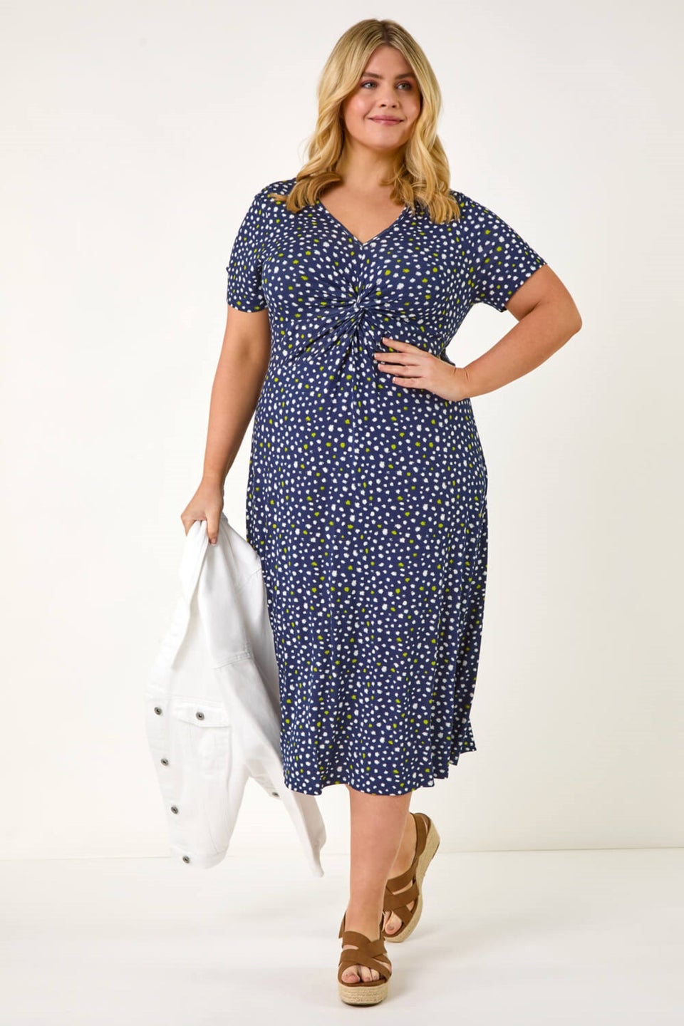 Roman Navy Curve Abstract Twist Front Stretch Midi Dress