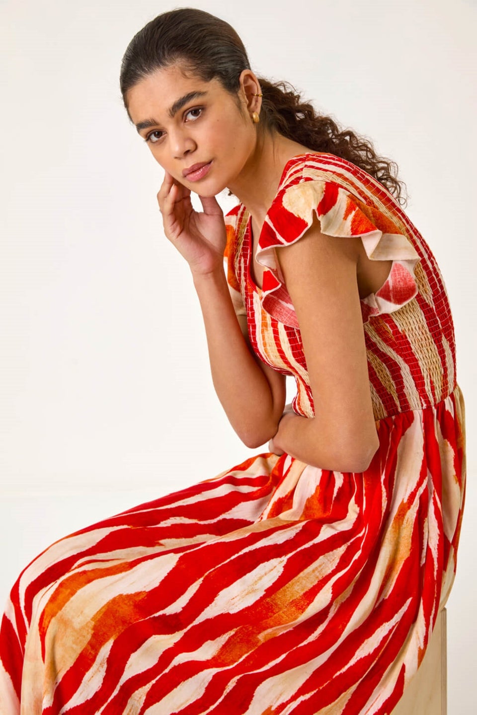Roman Red Wave Print Shirred Midi Dress