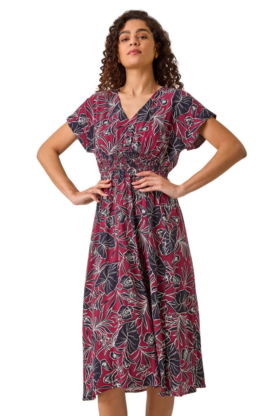 Roman Burgundy Abstract Leaf Print Shirred Midi Dress