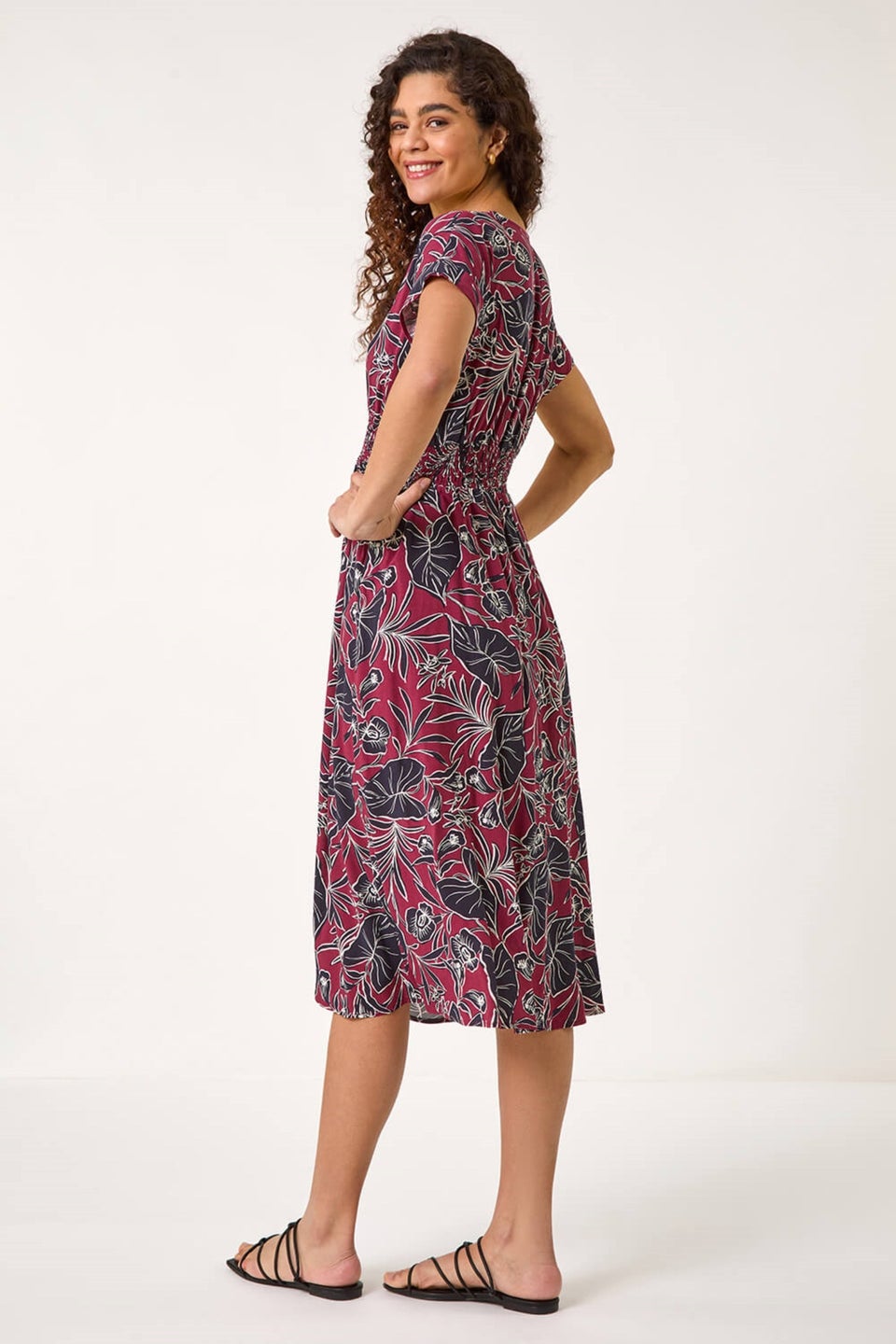 Roman Burgundy Abstract Leaf Print Shirred Midi Dress