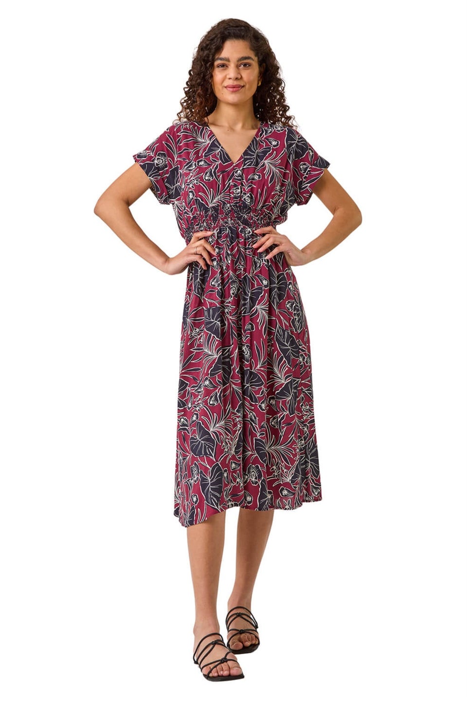 Roman Burgundy Abstract Leaf Print Shirred Midi Dress