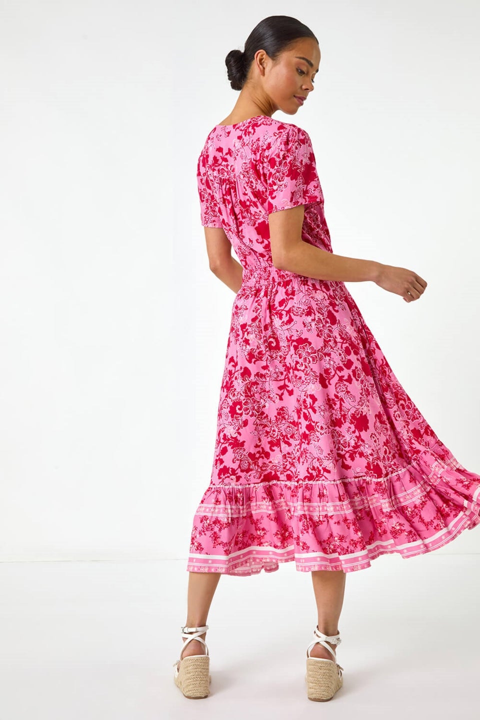 Roman Pink Petite Floral Border Midi Dress