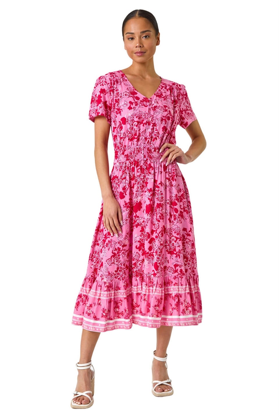 Roman Pink Petite Floral Border Midi Dress