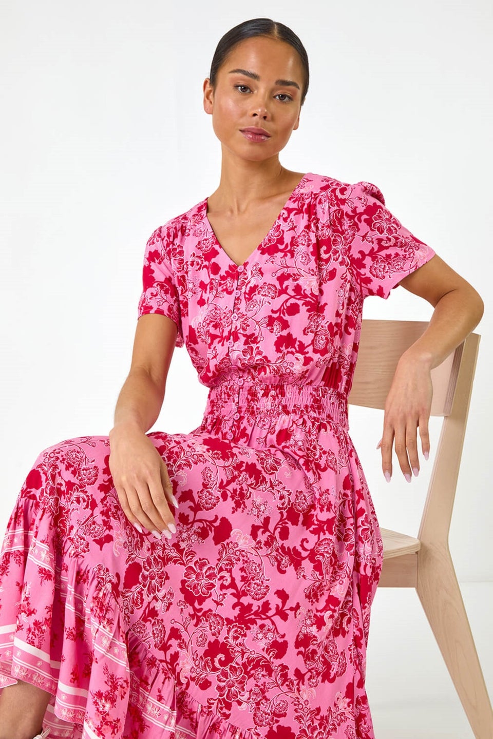 Roman Pink Petite Floral Border Midi Dress