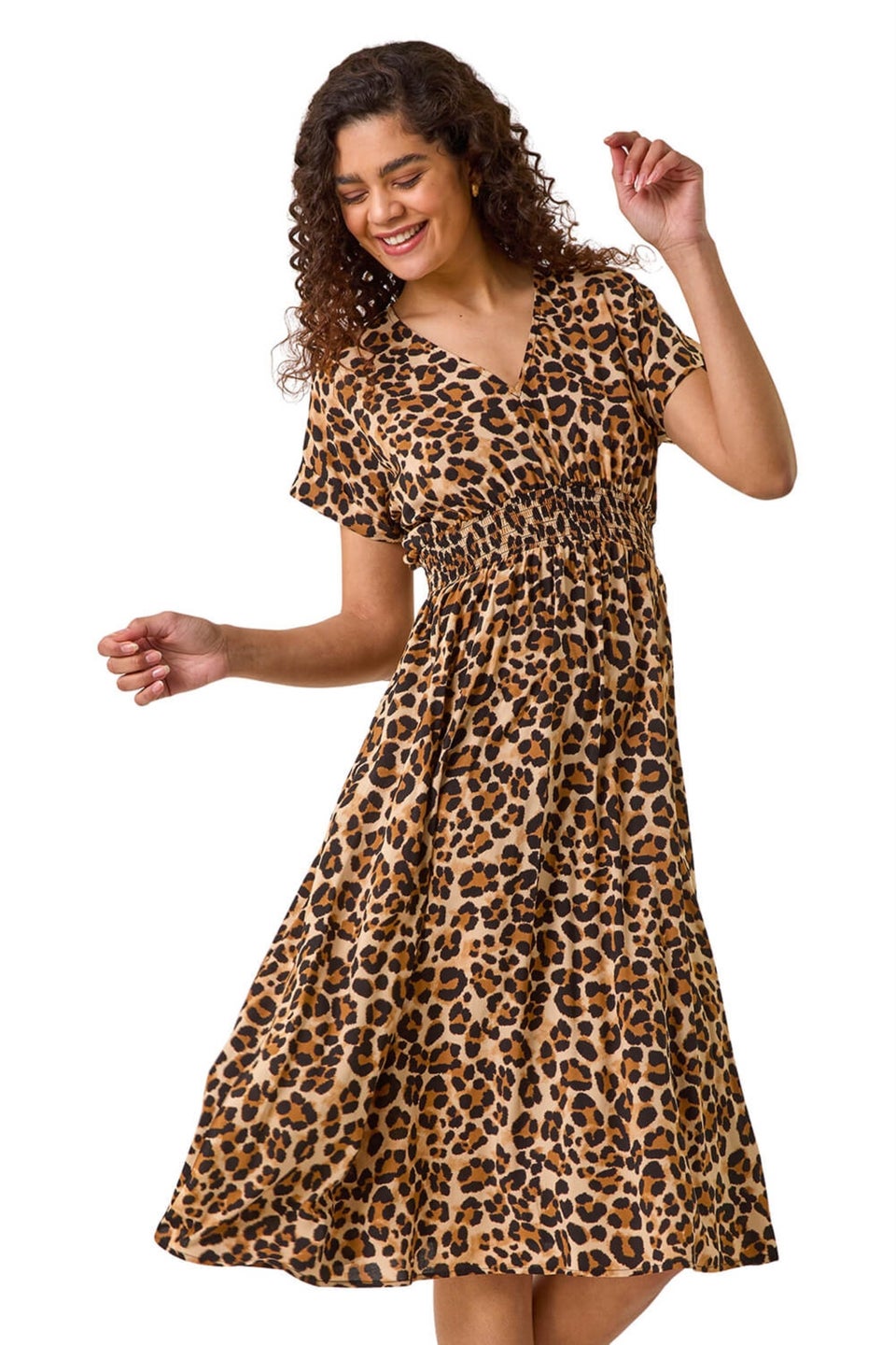 Roman Tan Animal Print Shirred Midi Dress