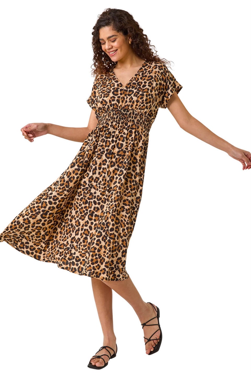 Roman Tan Animal Print Shirred Midi Dress