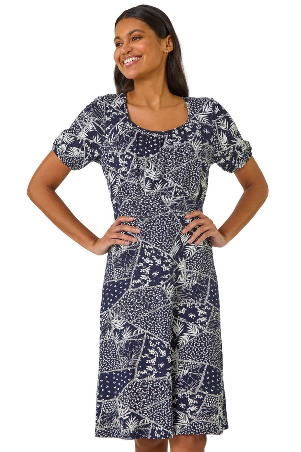 Roman Navy Patch Print Gathered Dress