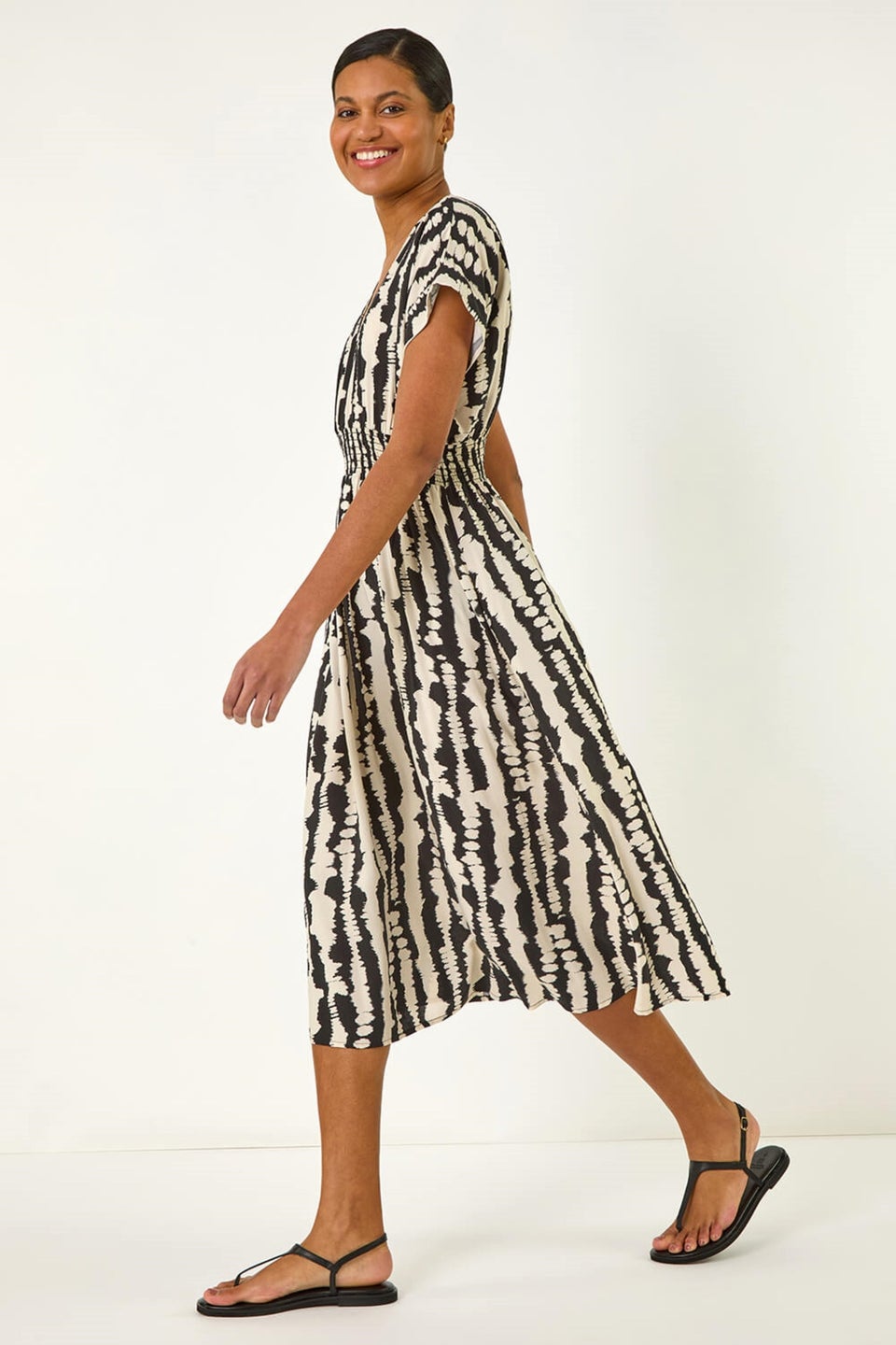 Roman Black Abstract Print Shirred Midi Dress