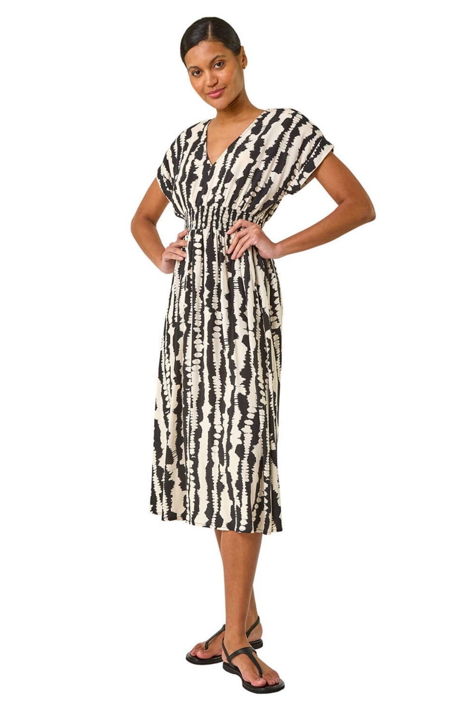 Roman Black Abstract Print Shirred Midi Dress
