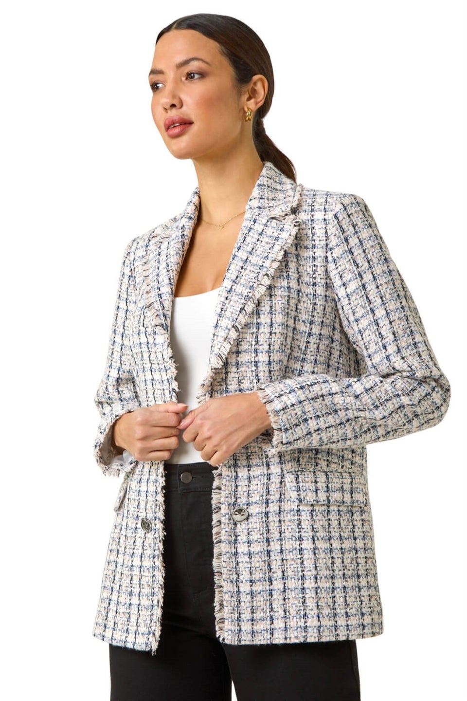 Roman Multi Check Frayed Edge Boucle Button Jacket