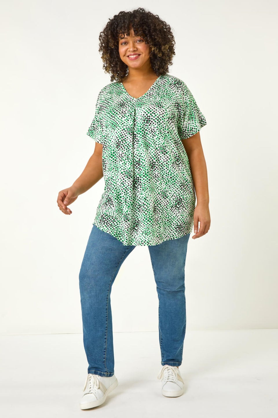 Roman Green Curve Spotted Leaf Print Stretch Top